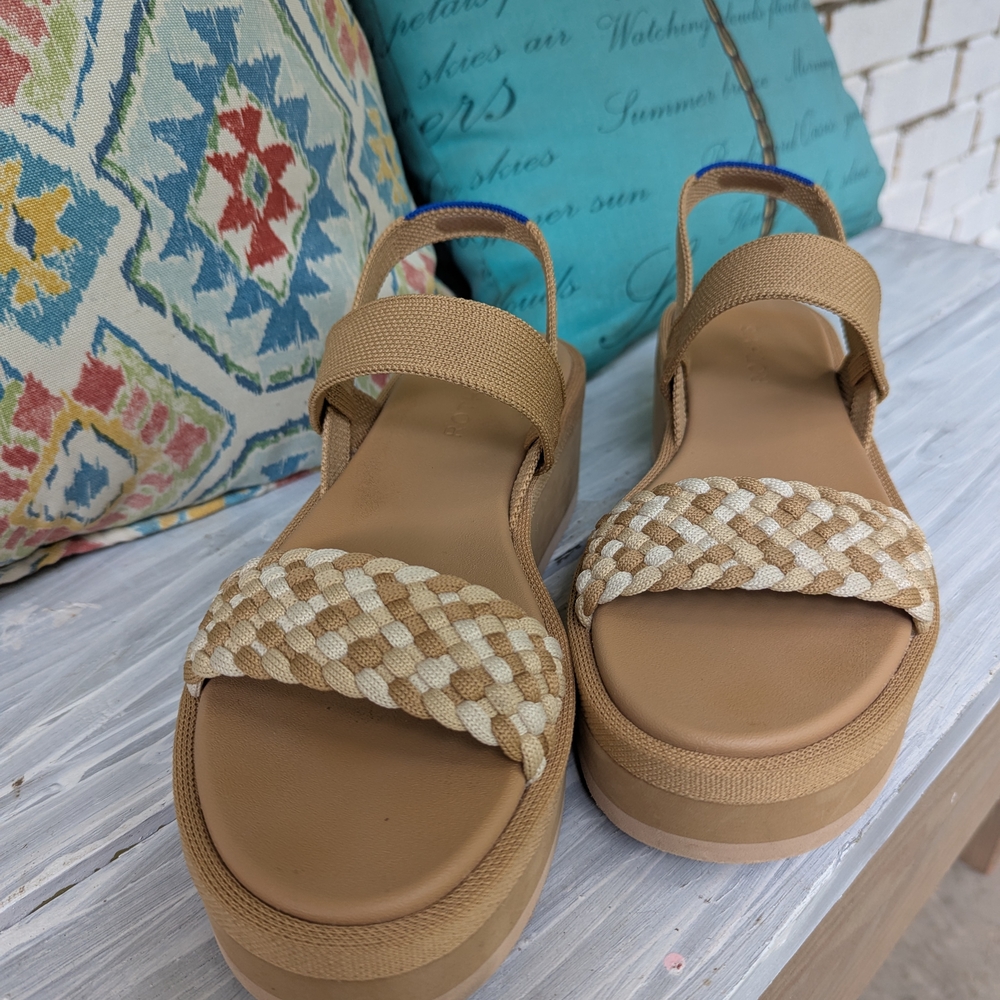 Rothy's Beige and White Sandals with Platform Sole and Ankle Strap